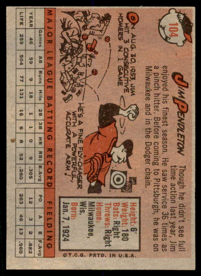 Jim Pendleton Card 1958 Topps #104  Image 2