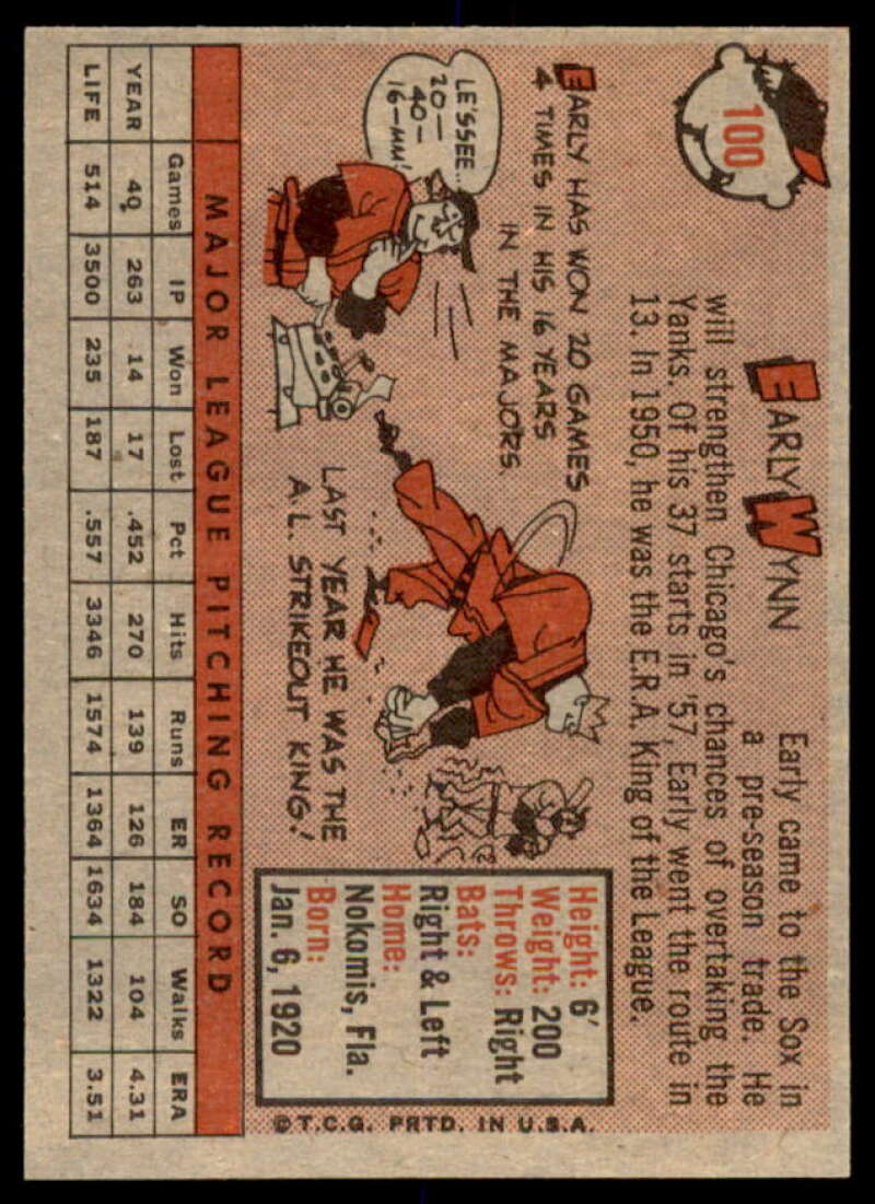 Early Wynn Card 1958 Topps #100A  Image 2