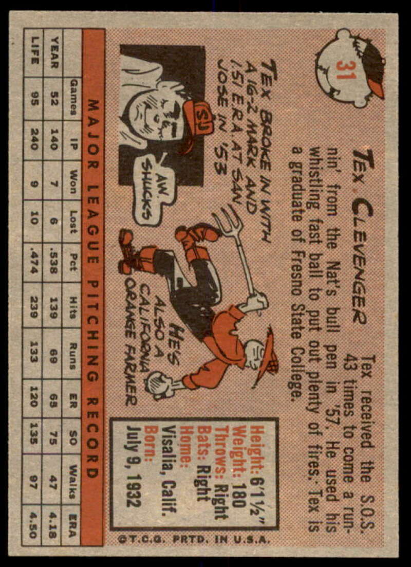 Tex Clevenger Rookie Card 1958 Topps #31  Image 2