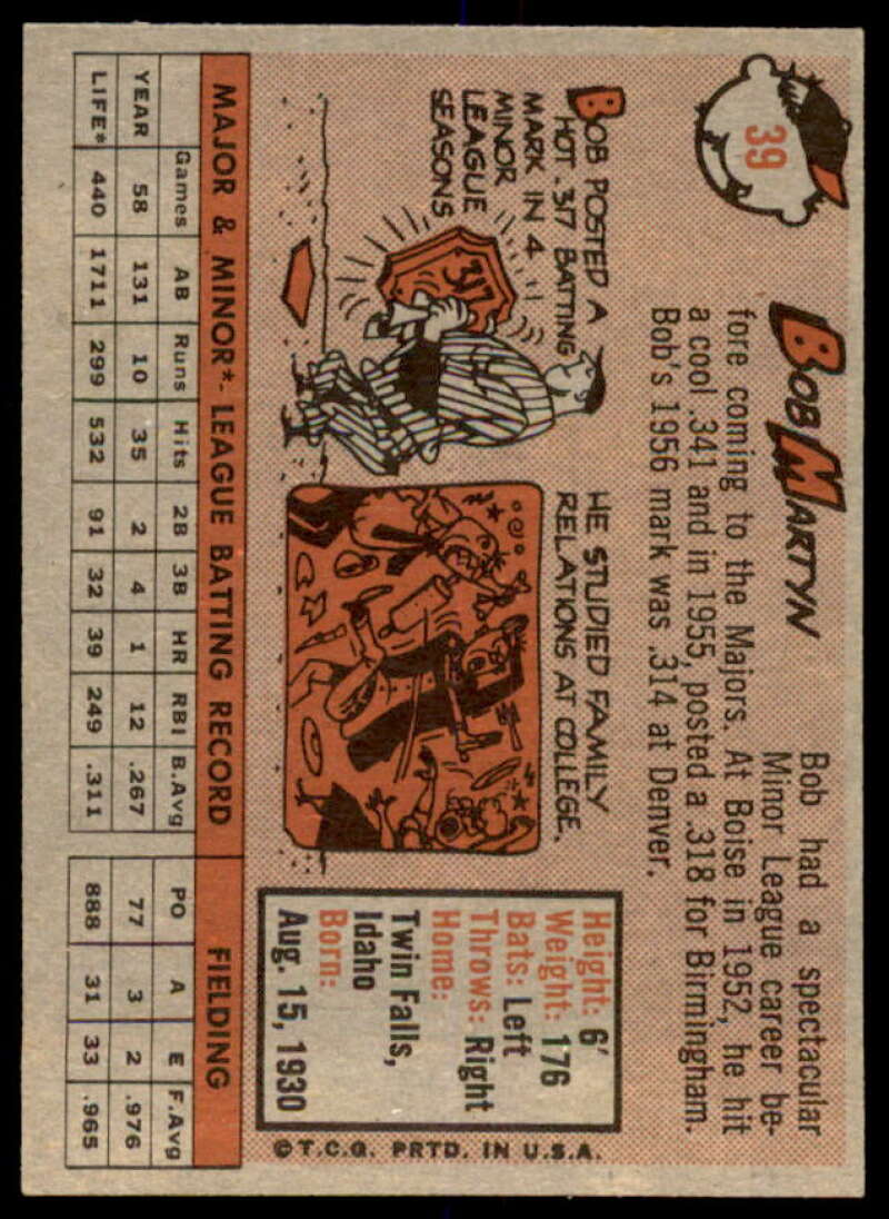 Bob Martyn Rookie Card 1958 Topps #39  Image 2
