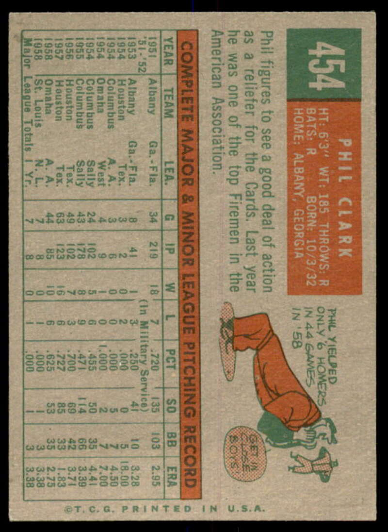 Phil Clark Card 1959 Topps #454  Image 2