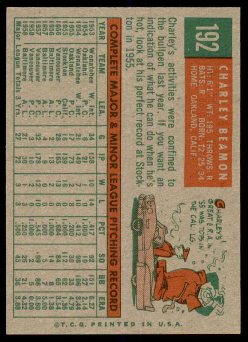 Charlie Beamon Rookie Card 1959 Topps #192  Image 2