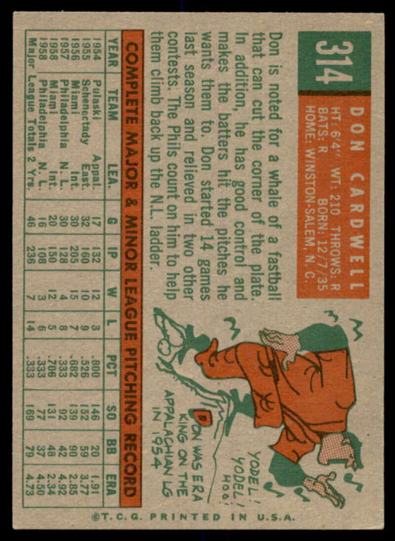 Don Cardwell Card 1959 Topps #314  Image 2