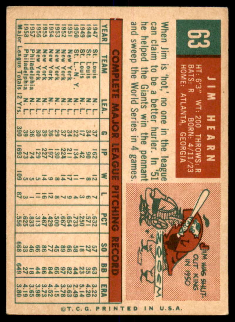 Jim Hearn Card 1959 Topps #63  Image 2