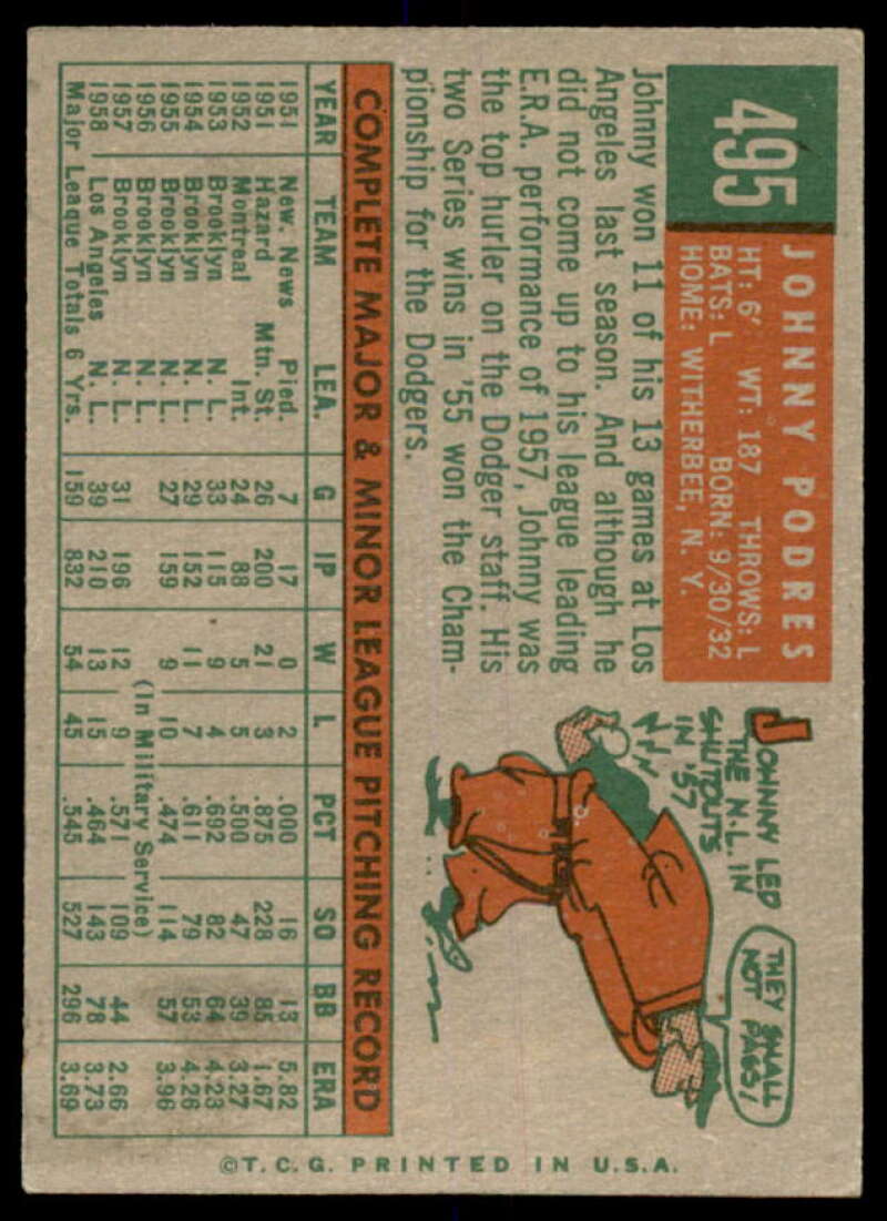 Johnny Podres Card 1959 Topps #495  Image 2