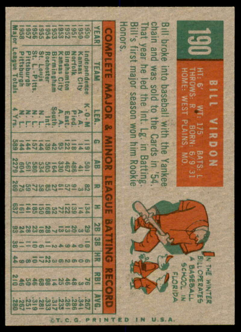 Bill Virdon Card 1959 Topps #190  Image 2