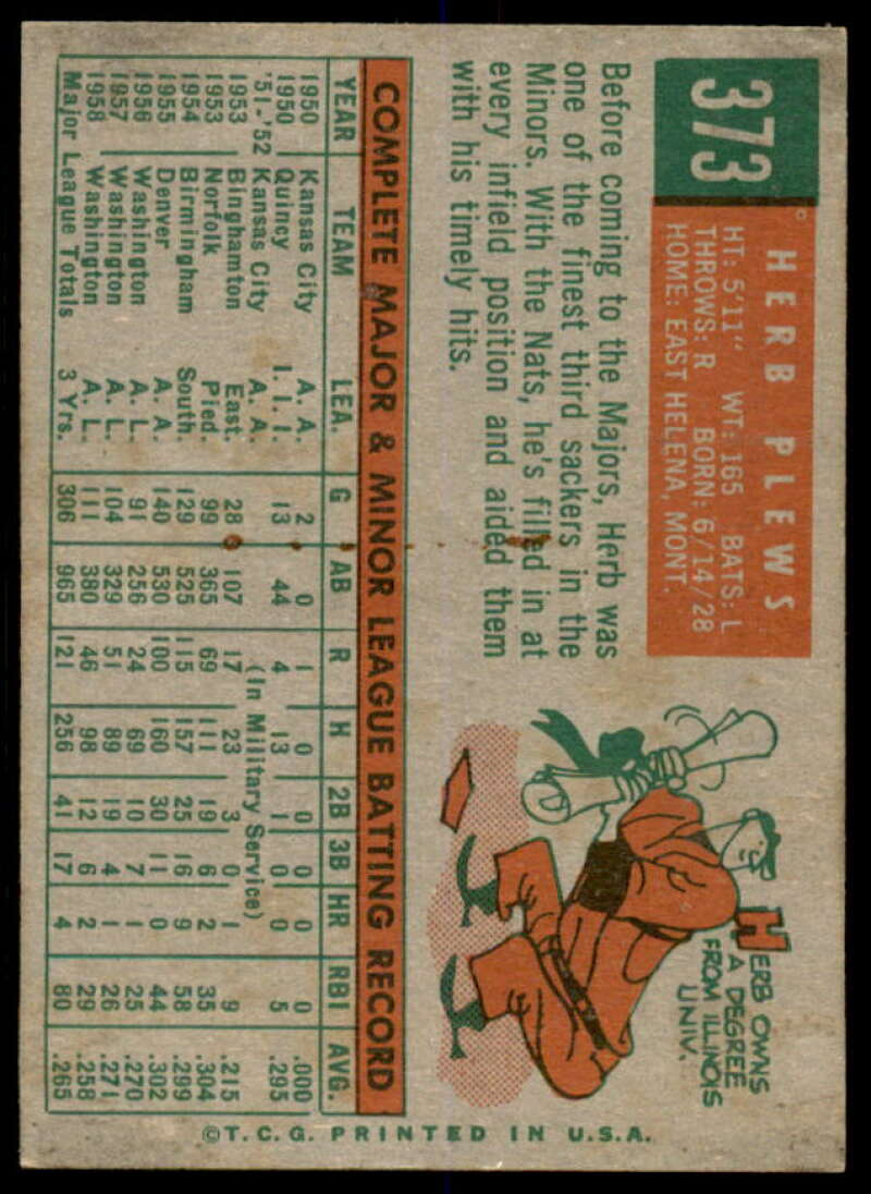 Herb Plews Card 1959 Topps #373  Image 2