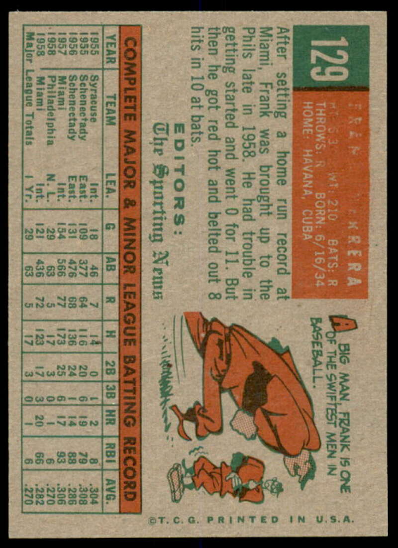 Frank Herrera RS Rookie Card 1959 Topps #129  Image 2