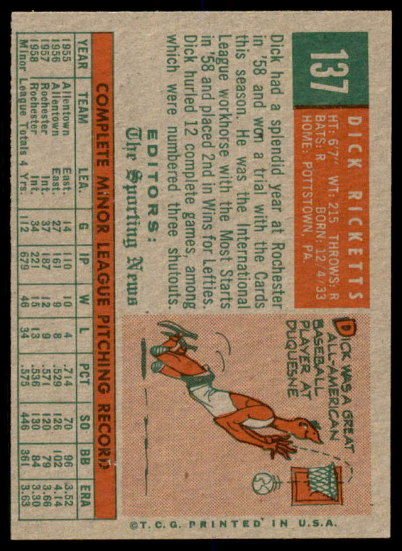 Dick Ricketts RS Rookie Card 1959 Topps #137  Image 2