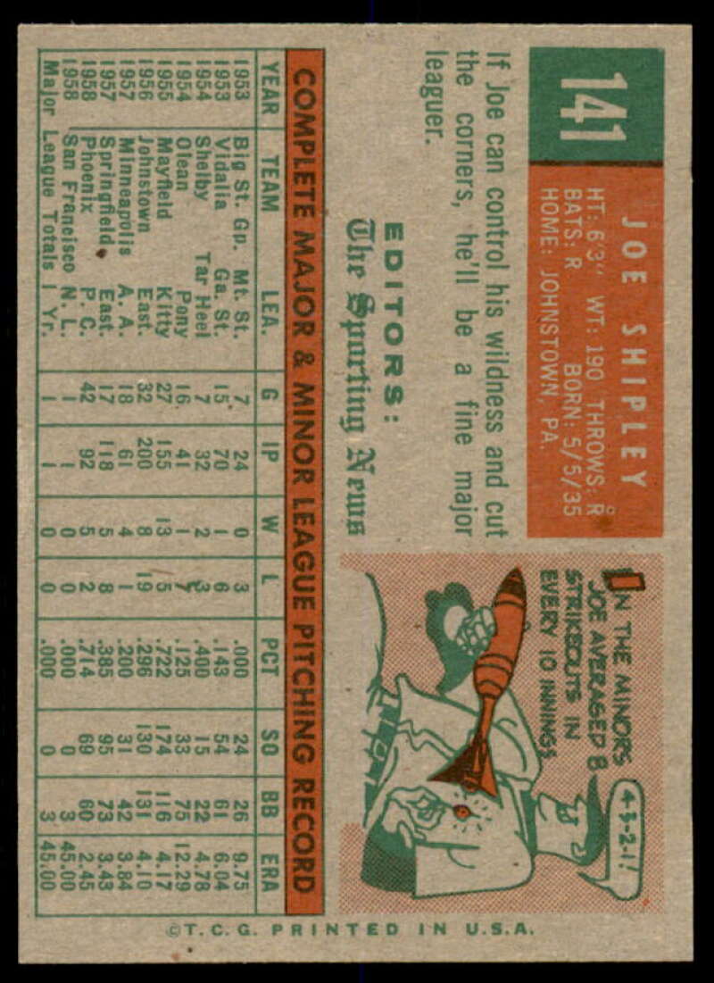 Joe Shipley RS Rookie Card 1959 Topps #141  Image 2