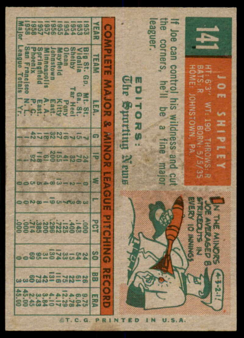 Joe Shipley RS Rookie Card 1959 Topps #141  Image 2