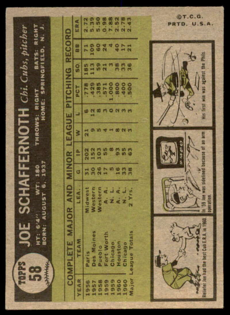 Joe Schaffernoth Rookie Card 1961 Topps #58  Image 2