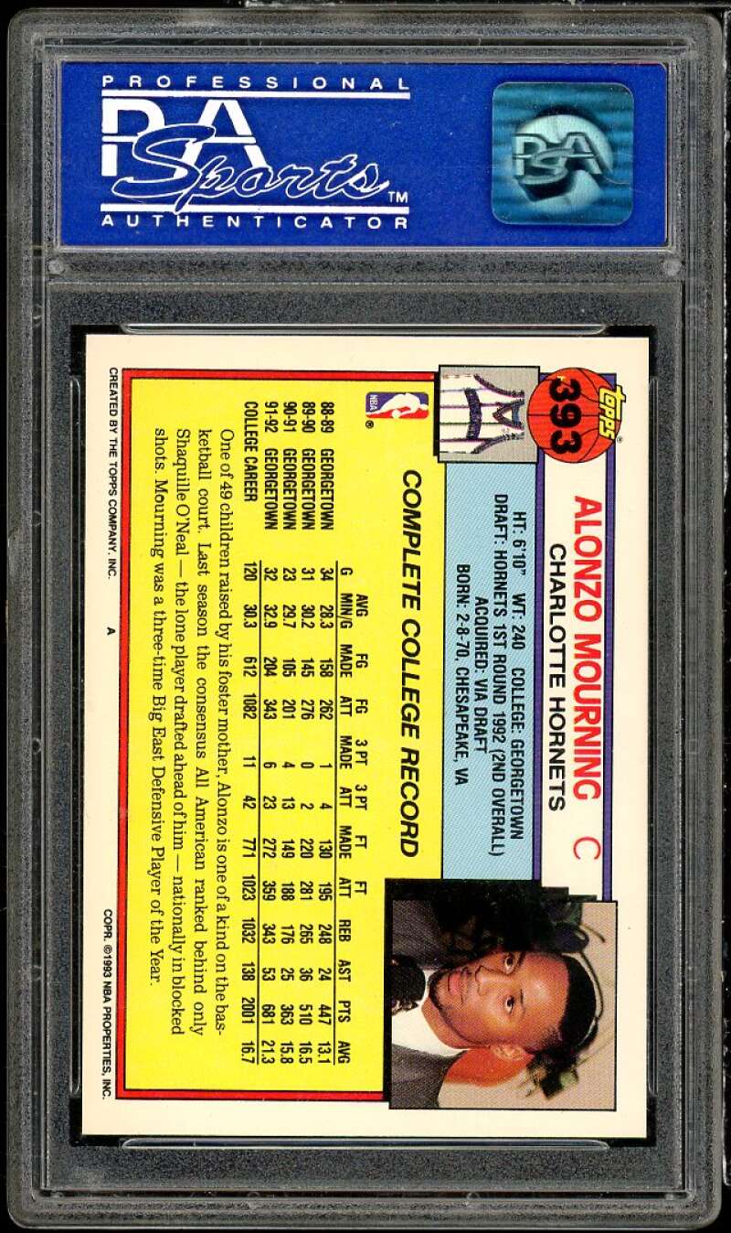 Alonzo Mourning Rookie Card 1992-93 Topps #393 PSA 9 Image 2