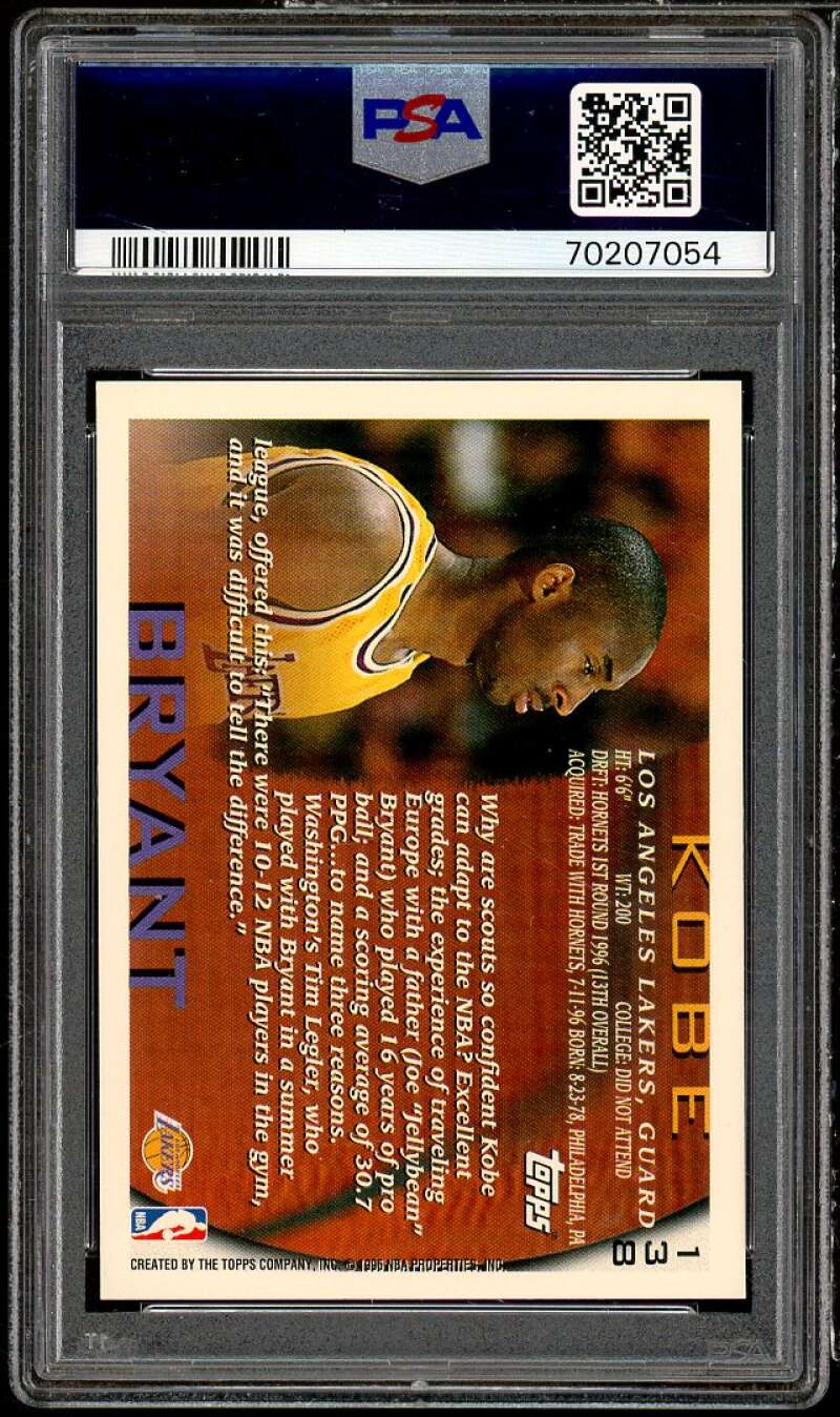 Kobe Bryant Rookie Card 1996-97 Topps #138 PSA 9 Image 2