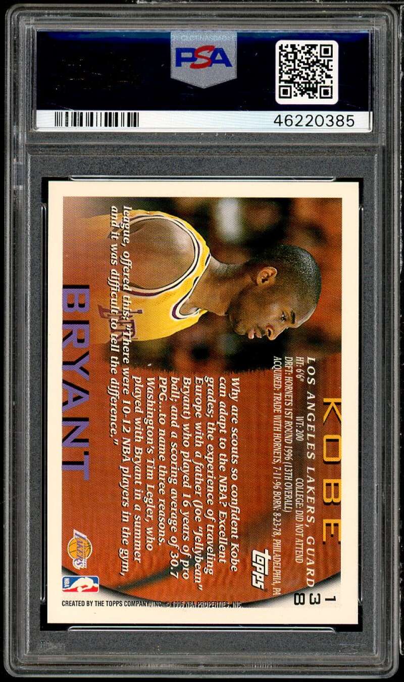 Kobe Bryant Rookie Card 1996-97 Topps #138 PSA 9 Image 2