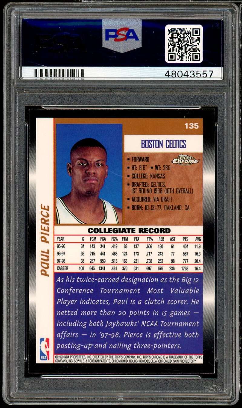 Paul Pierce Rookie Card 1998-99 Topps Chrome #135 PSA 9 Image 2