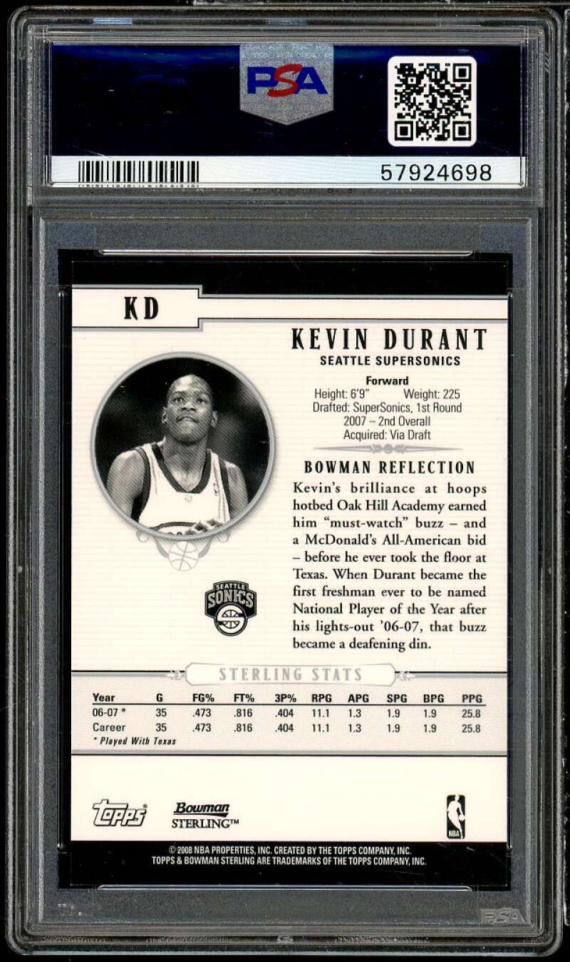 Kevin Durant Rookie Card 2007-08 Bowman Sterling #KD PSA 9 Image 2