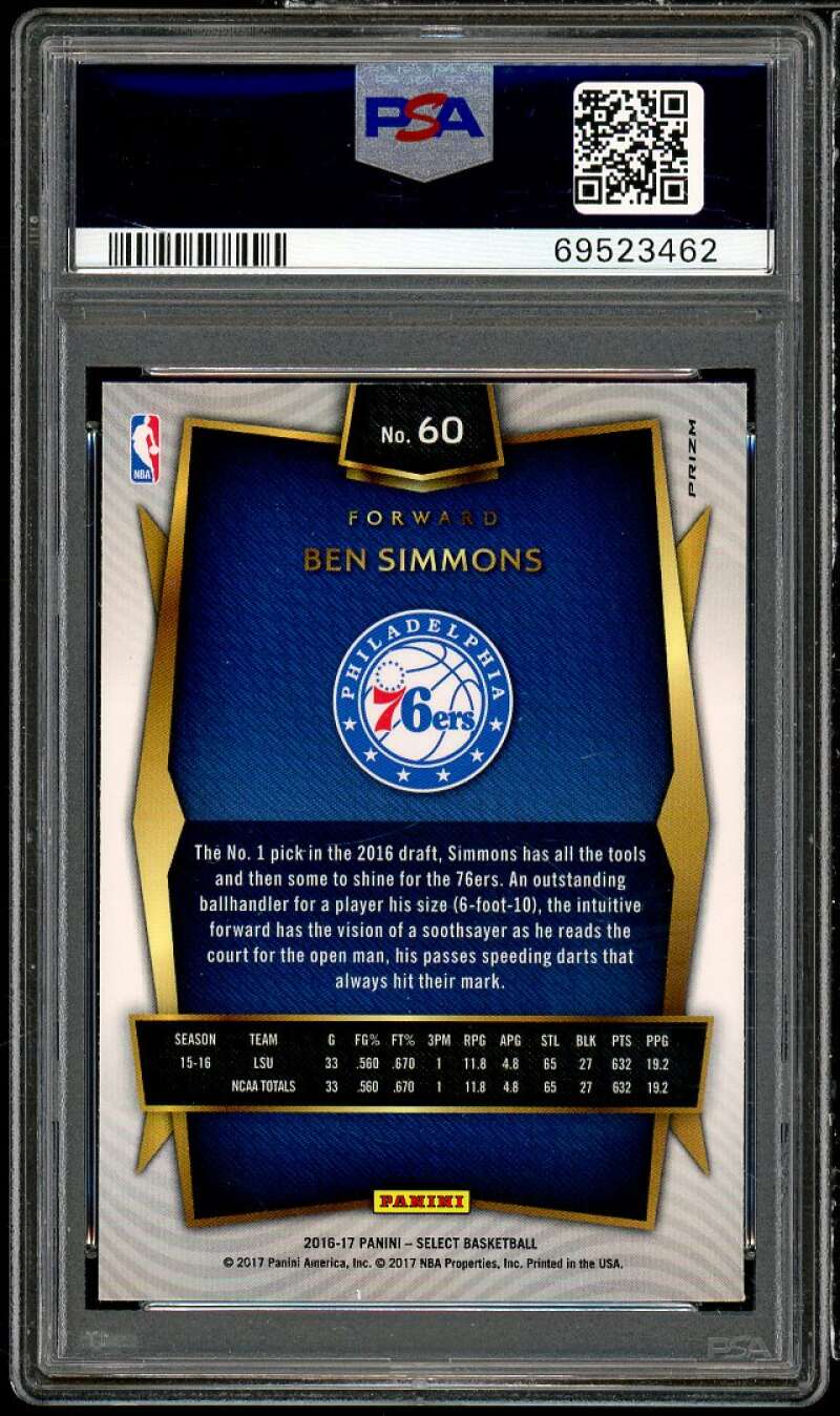 Ben Simmons Rookie Card 2016-17 Panini Select Tri-Color Prizm #60 PSA 10 Image 2