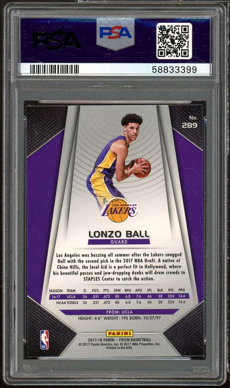 Lonzo Ball Rookie 2017-18 Panini Prizm #289 PSA 9 (light scratching on holder) Image 2