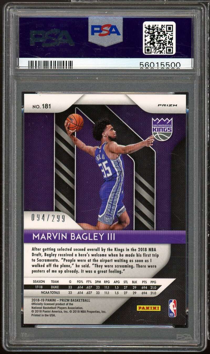 Marvin Bagley III Rookie Card 2018-19 Panini Prizm Prizms Red #181 PSA 9 Image 2