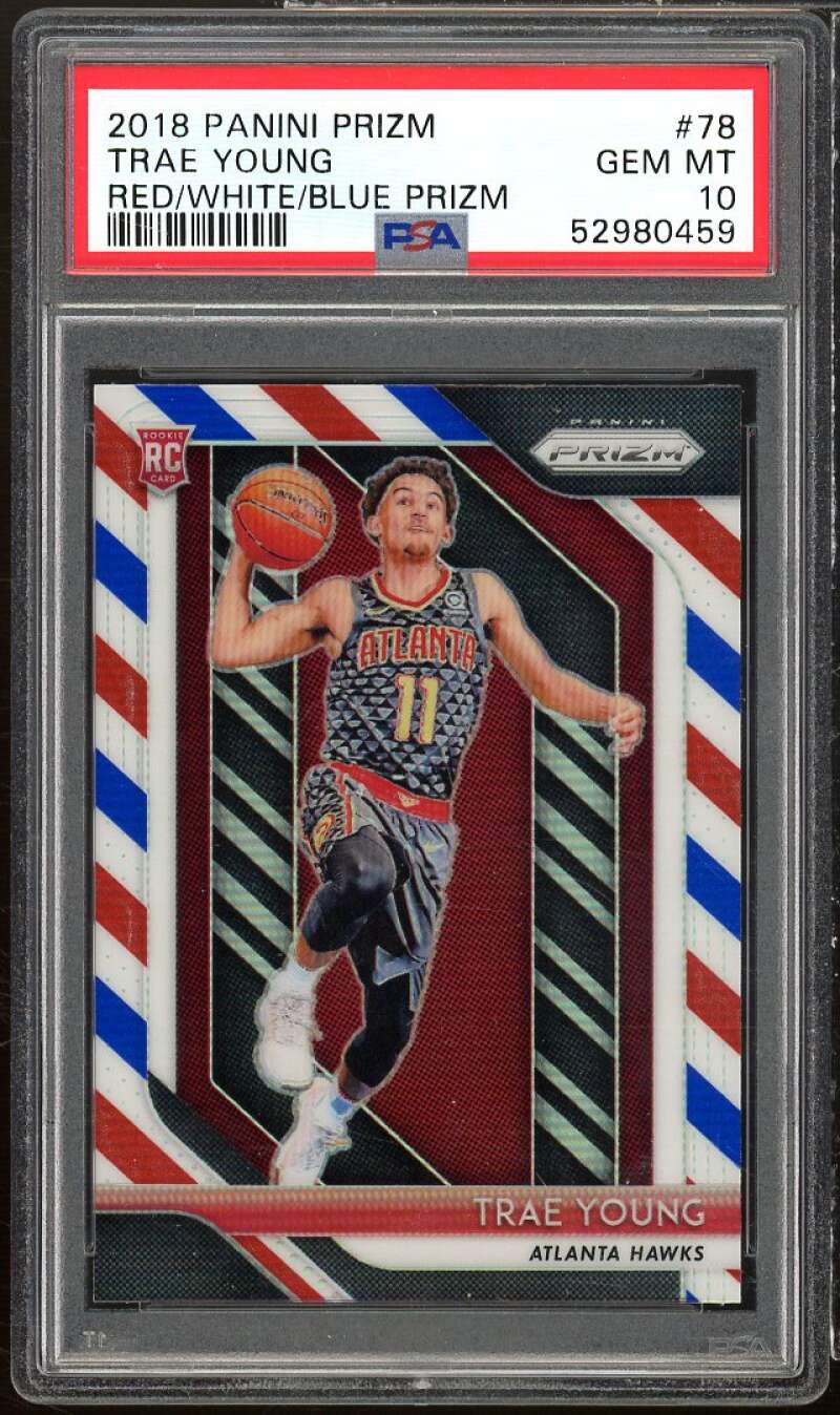 Trae Young Rookie Card 2018-19 Panini Prizm Red/White/Blue #78 PSA 10 Image 1