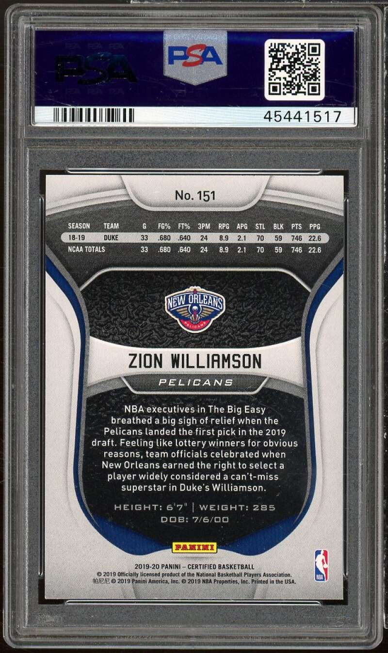 Zion Williamson Rookie Card 2019-20 Panini Certified #151 PSA 9 Image 2