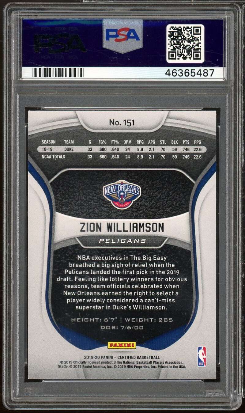 Zion Williamson Rookie Card 2019-20 Panini Certified #151 PSA 10 Image 2