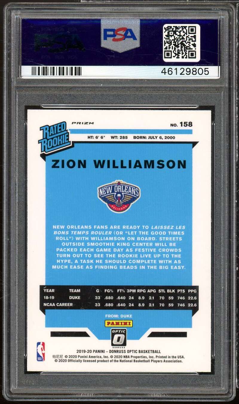 Zion Williamson Rookie Card 2019-20 Panini Donruss Optic Fanatics #158 PSA 9 Image 2