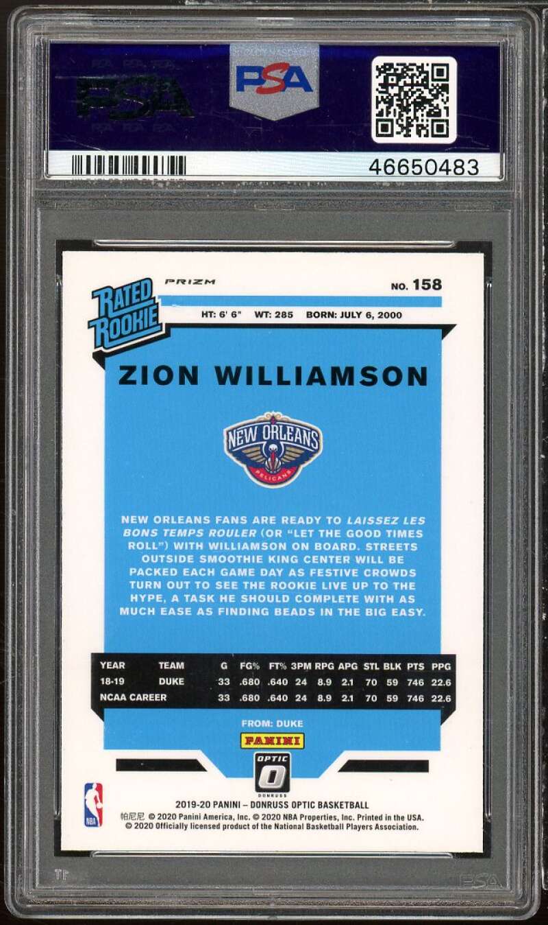 Zion Williamson Rookie Card 2019-20 Panini Donruss Optic Purple #158 PSA 10 Image 2