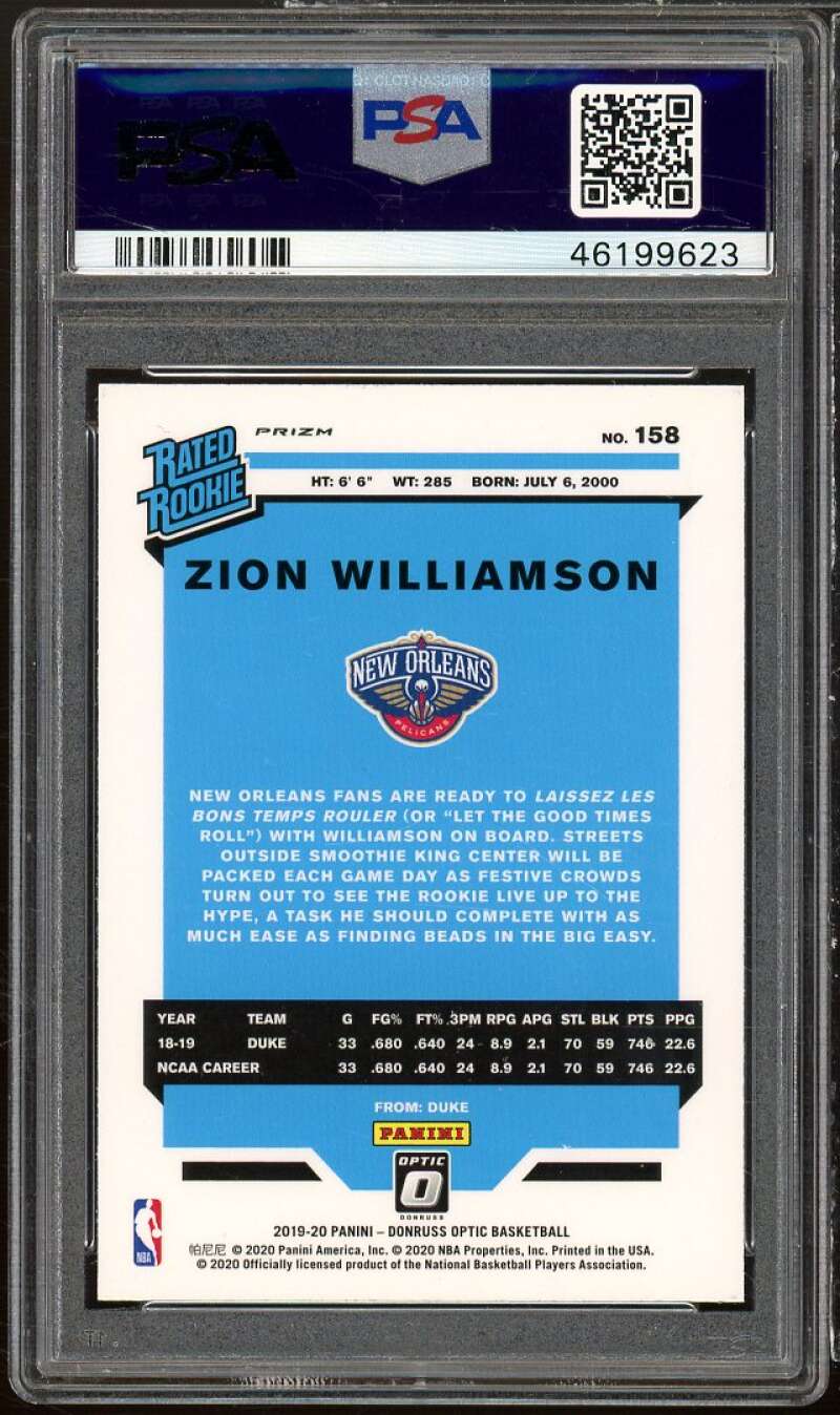 Zion Williamson Rookie Card 2019-20 Panini Donruss Optic Purple #158 PSA 10 Image 2