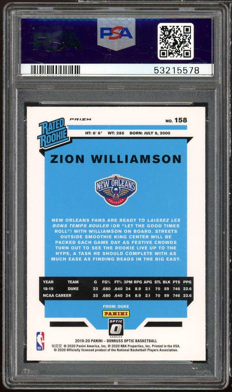 Zion Williamson Rookie Card 2019-20 Panini Donruss Optic Purple Shock #158 PSA 9 Image 2