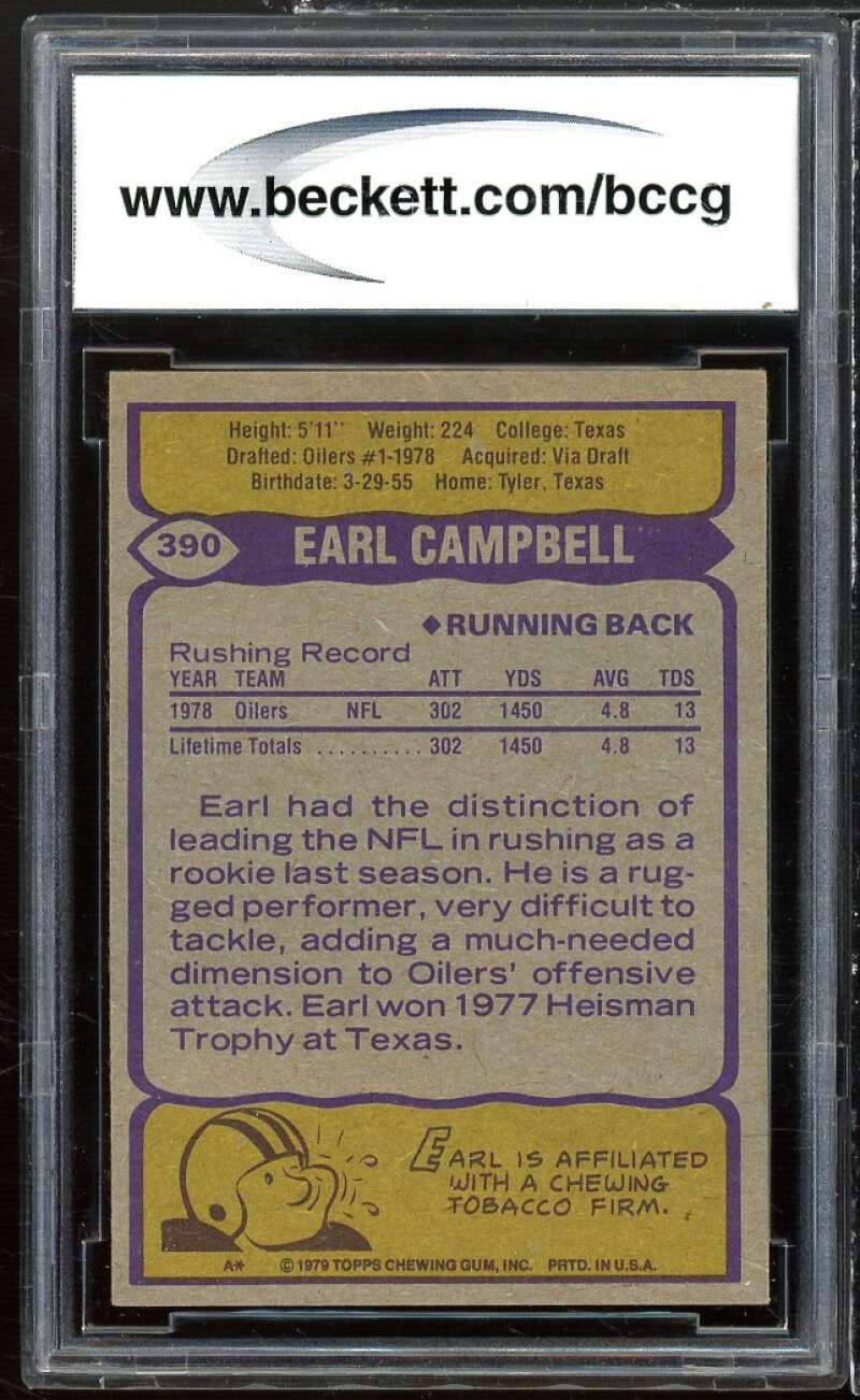 1979 Topps #390 Earl Campbell Rookie Card BGS BCCG 9 Near Mint+ Image 2