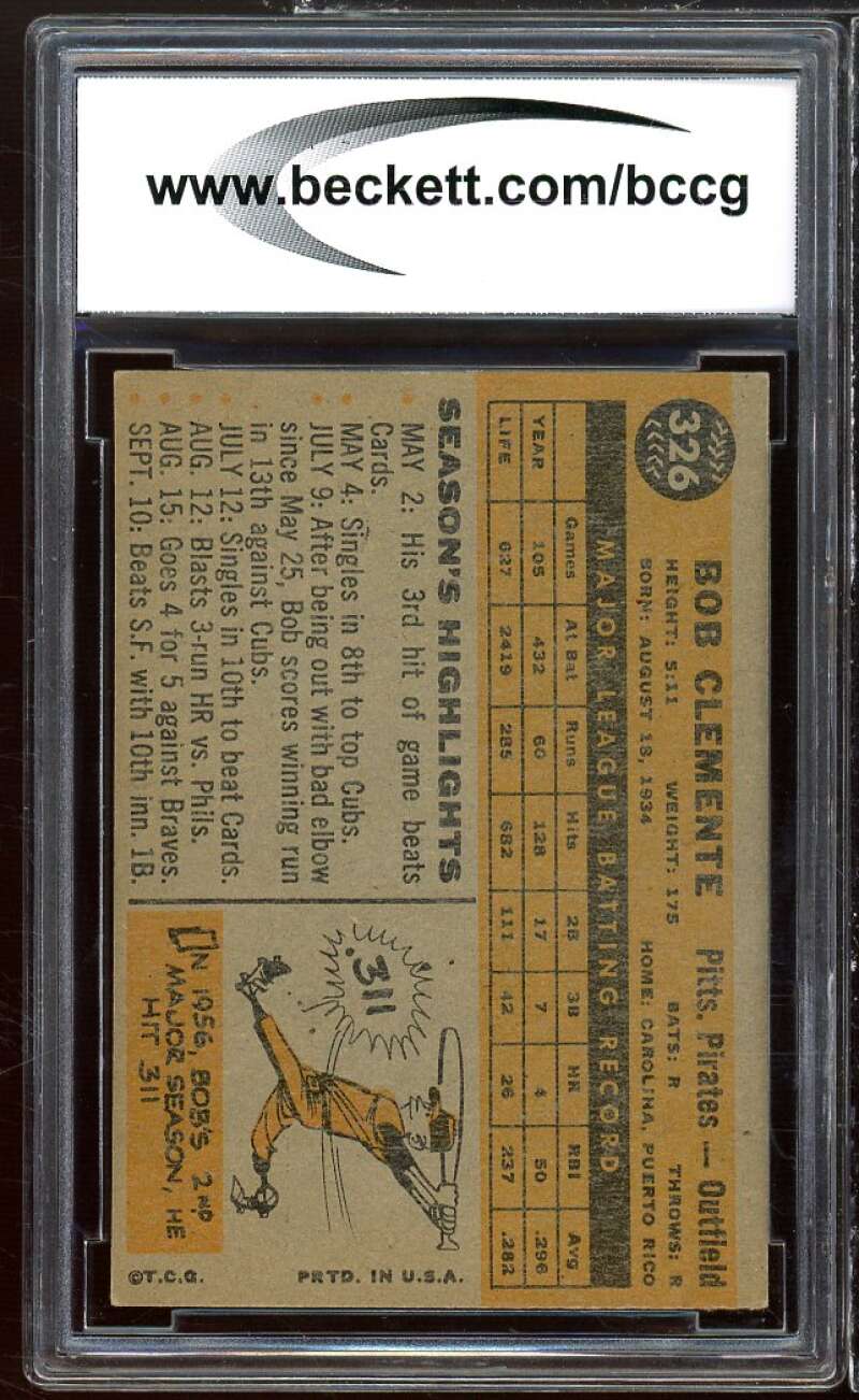 1960 Topps #326 Bob Clemente Card BGS BCCG 9 Near Mint+ Image 2