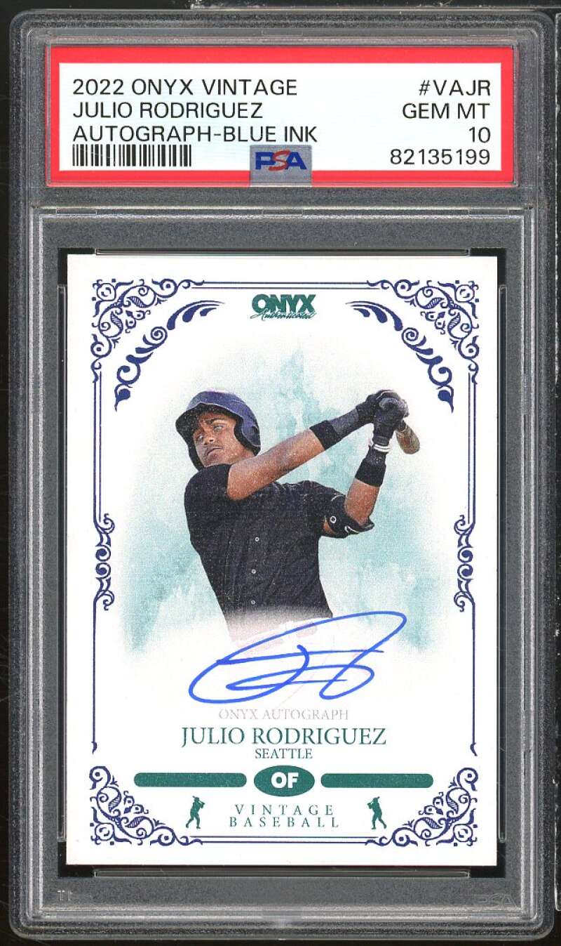 Julio RodrÃ­guez Rookie Card 2022 Onyx Vintage Autograph Blue Ink #VAJR PSA 10 Image 1