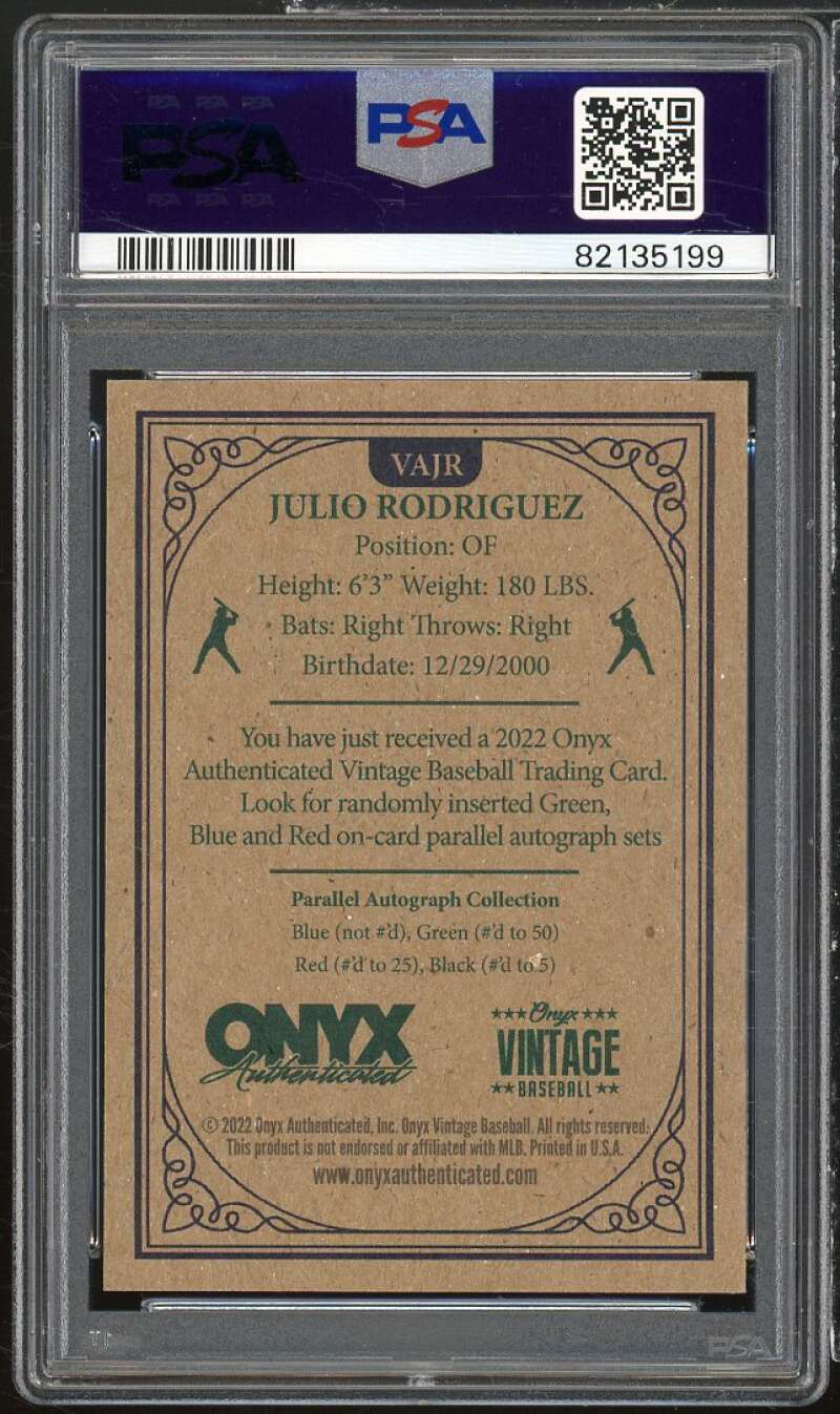 Julio RodrÃ­guez Rookie Card 2022 Onyx Vintage Autograph Blue Ink #VAJR PSA 10 Image 2