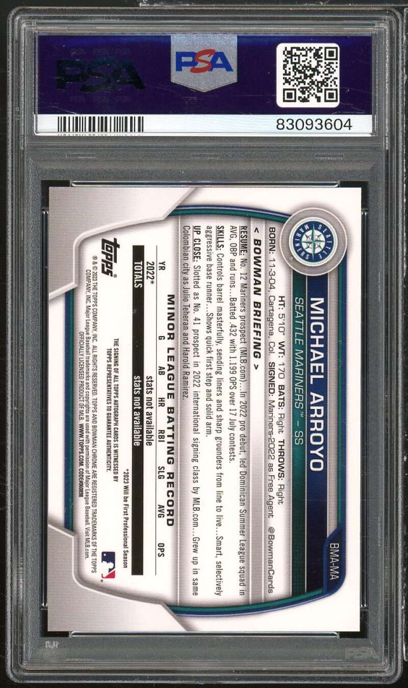 Michael Arroyo Rookie 2023 Bowman Mega Box Chrome Prospect Autograph #MA PSA 10 Image 2