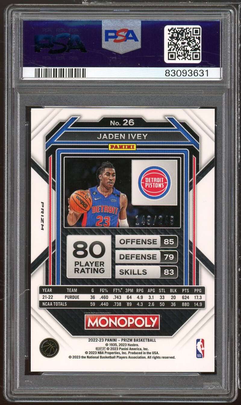 Jaden Ivey Rookie Card 2022-23 Prizm Monopoly Brown Prizm #26 PSA 8 Image 2