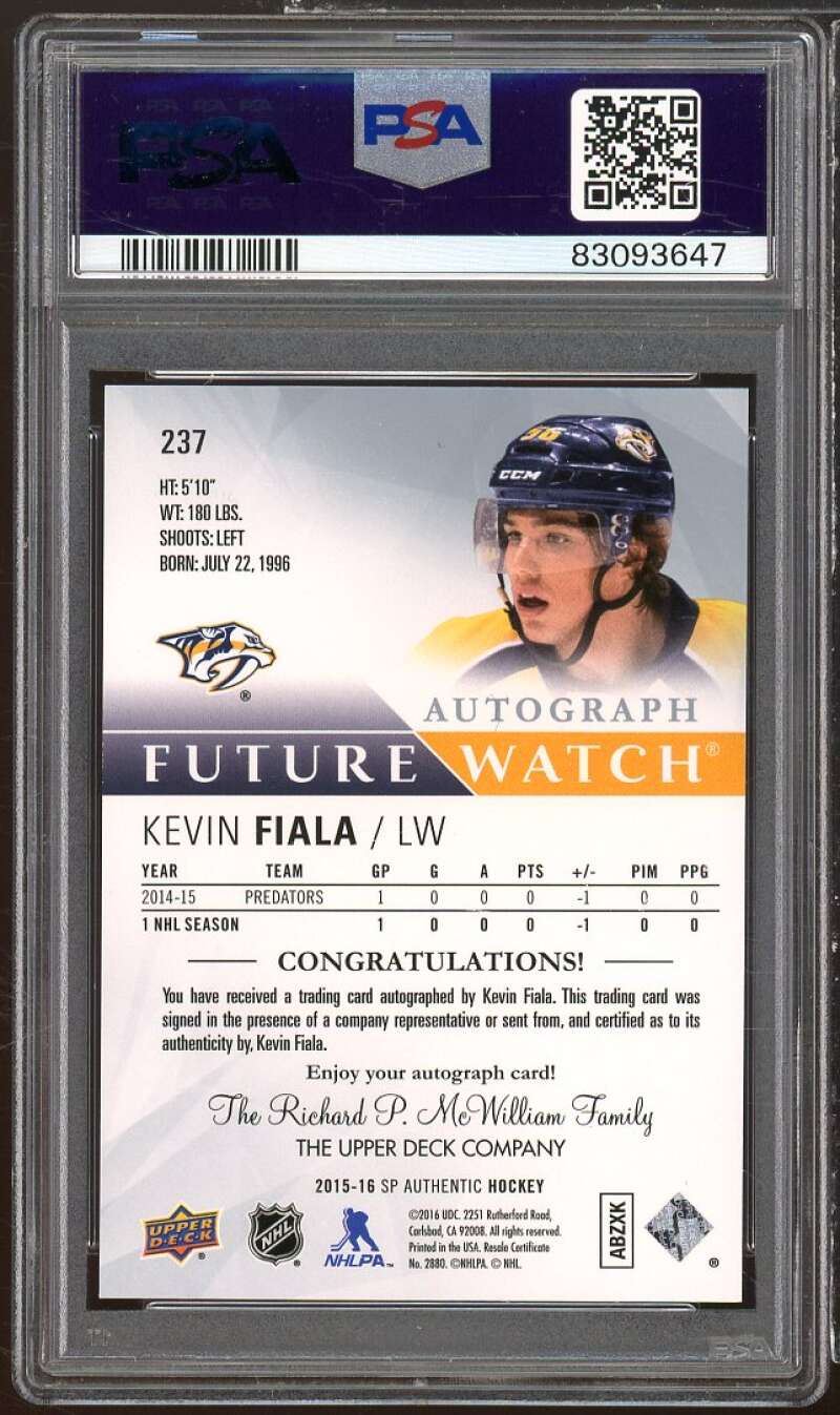 Kevin Fiala Rookie Card 2015-16 SP Authentic Autograph #237 PSA 10 Image 2