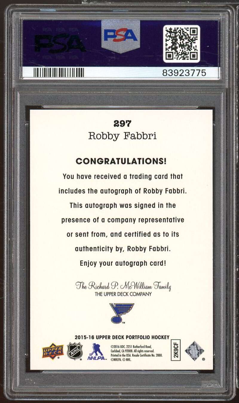 Robby Fabbri Rookie Card 2015-16 Upper Deck Portfolio Autographs #297 PSA 9 Image 2