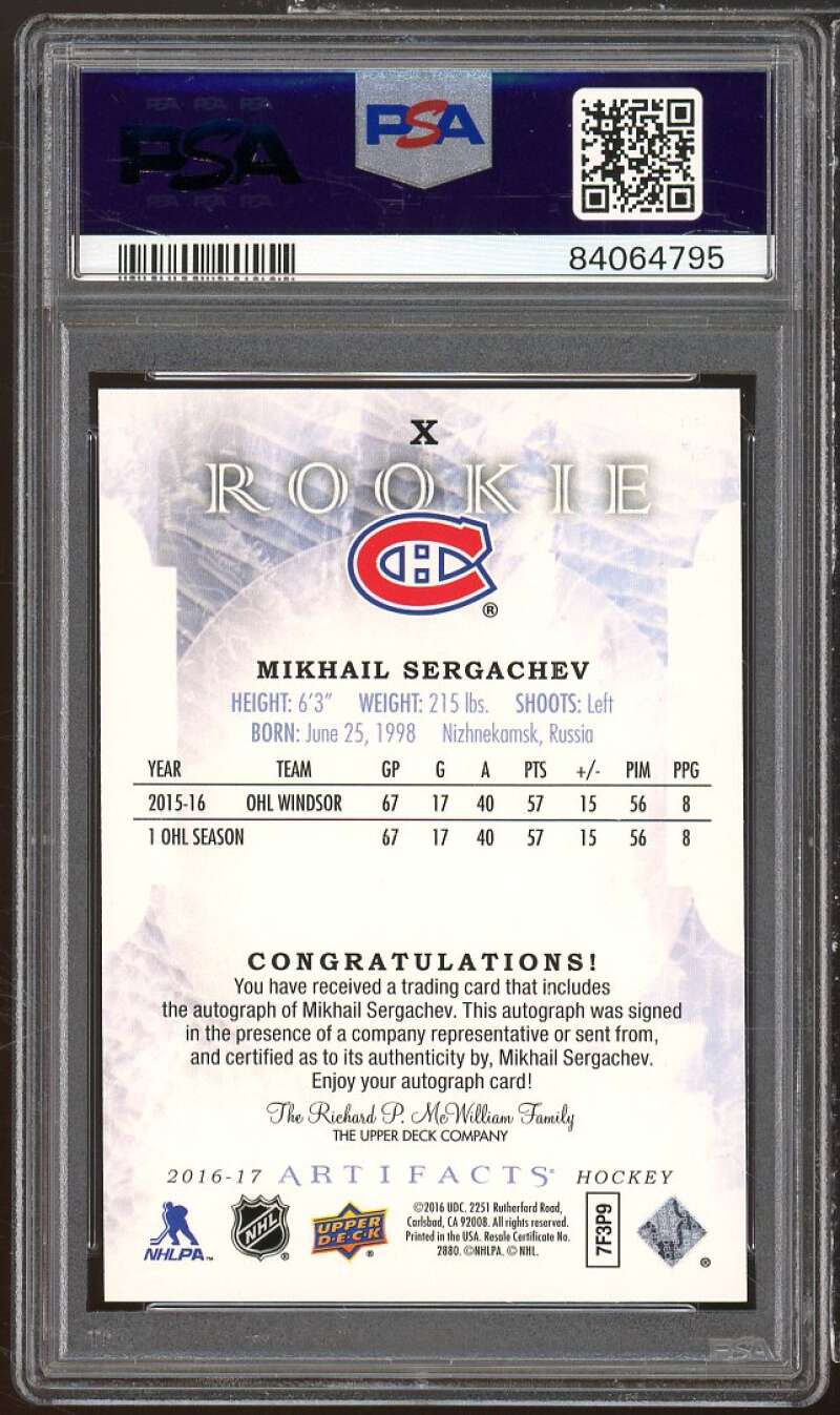 Mikhail Sergachev Rookie Card 2016-17 Artifacts Auto Rookie Redemption #X PSA 9 Image 2