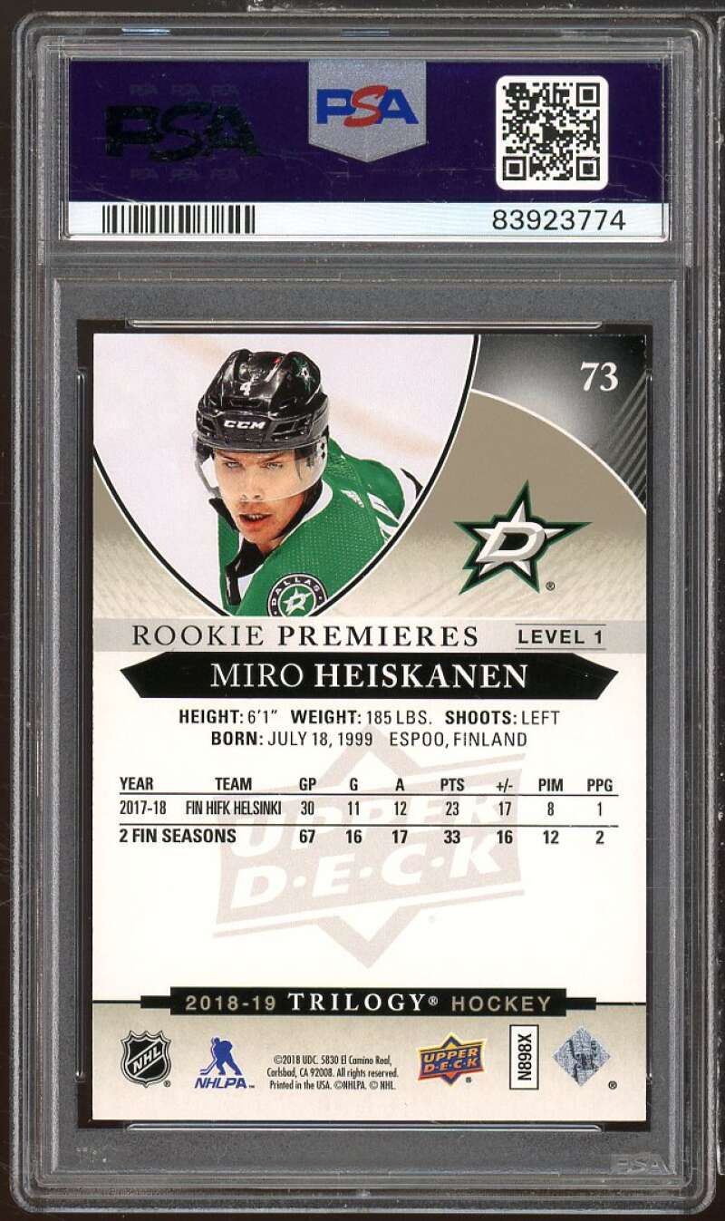 Miro Heiskanen Rookie Card 2018-19 U.D. Trilogy Black Foil #73 PSA 9 Image 2