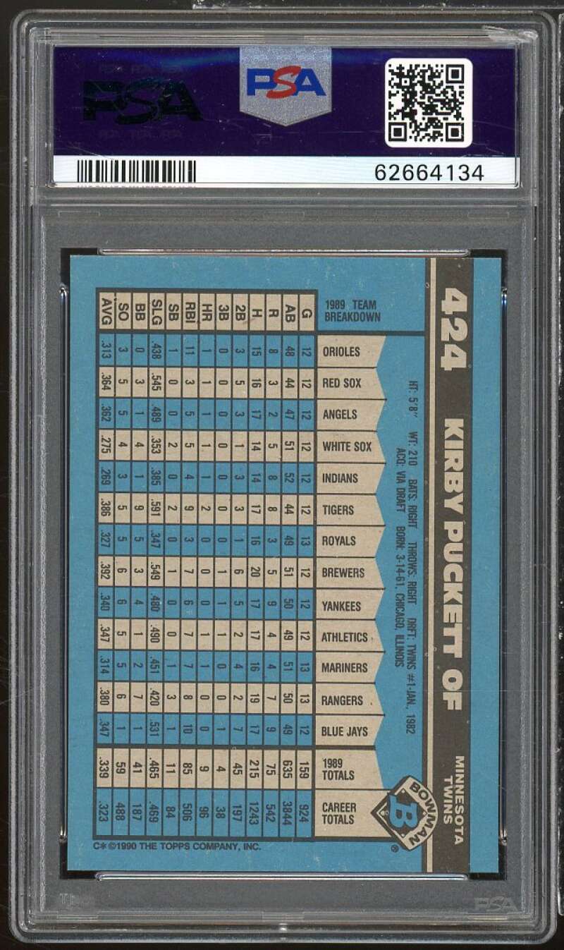 Kirby Puckett Card 1990 Bowman #424 PSA 9 Image 2