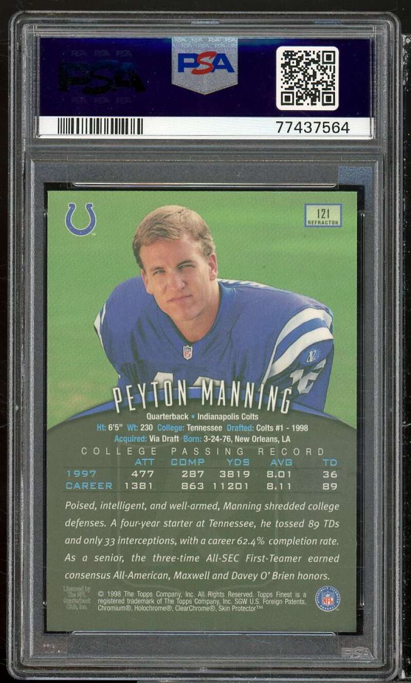 Peyton Manning Rookie Card 1998 Finest No Protected Refractor #121 PSA 9 Image 2