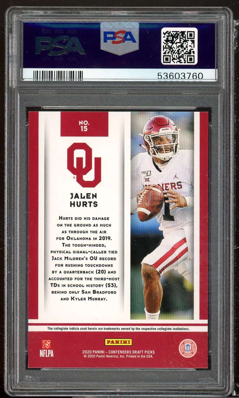 Jalen Hurts Rookie 2020 Panini Panini Contenders DP Game Day Ticket #15 PSA 9 Image 2