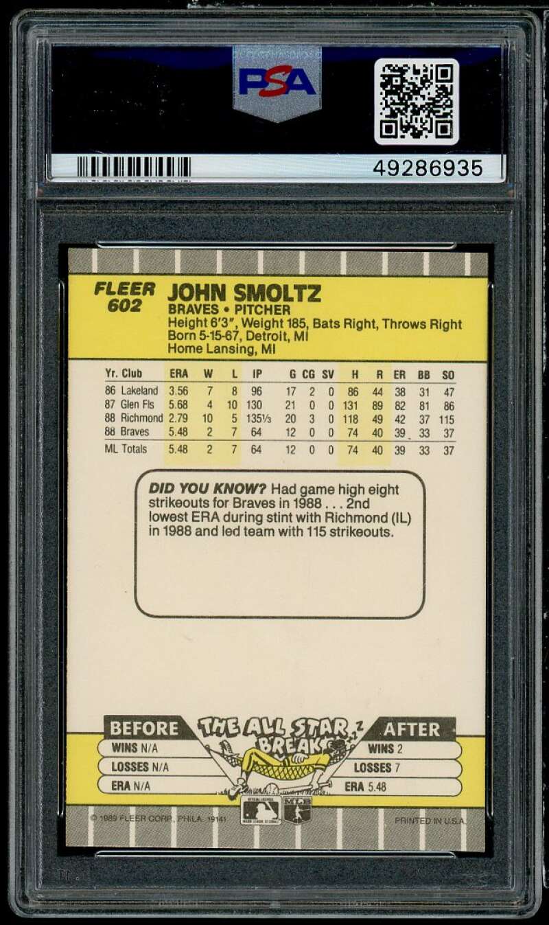 John Smoltz Rookie Card 1989 Fleer #602 PSA 10 Image 2