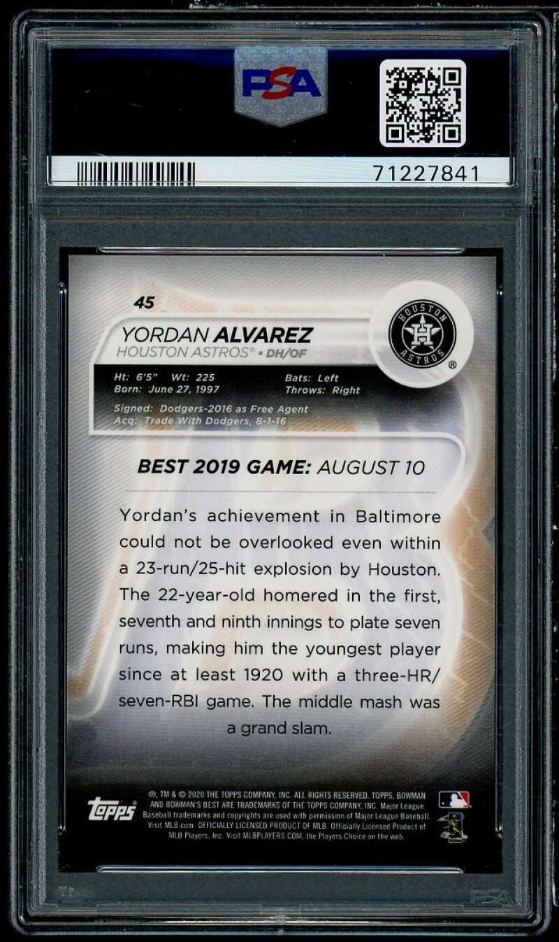 Yordan Alvarez Rookie Card 2020 Bowman's Best Atomic Refractor #45 PSA 9 Image 2