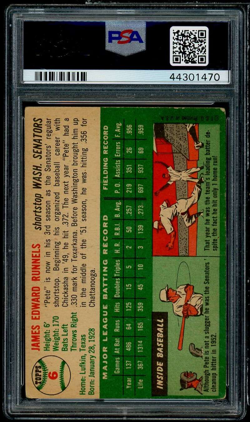 Pete Runnels Card 1954 Topps #6 PSA 3 Image 2