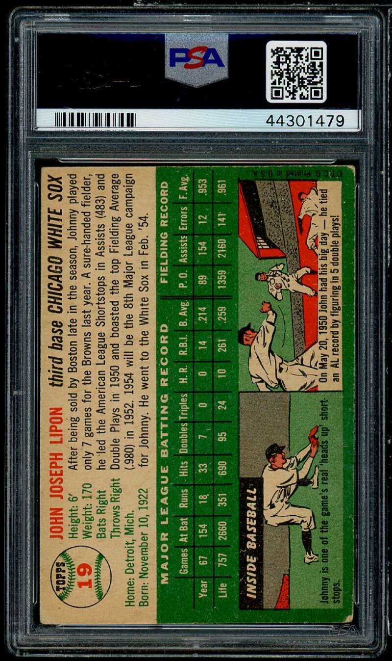 Johnny Lipon Card 1954 Topps #19 PSA 4 Image 2