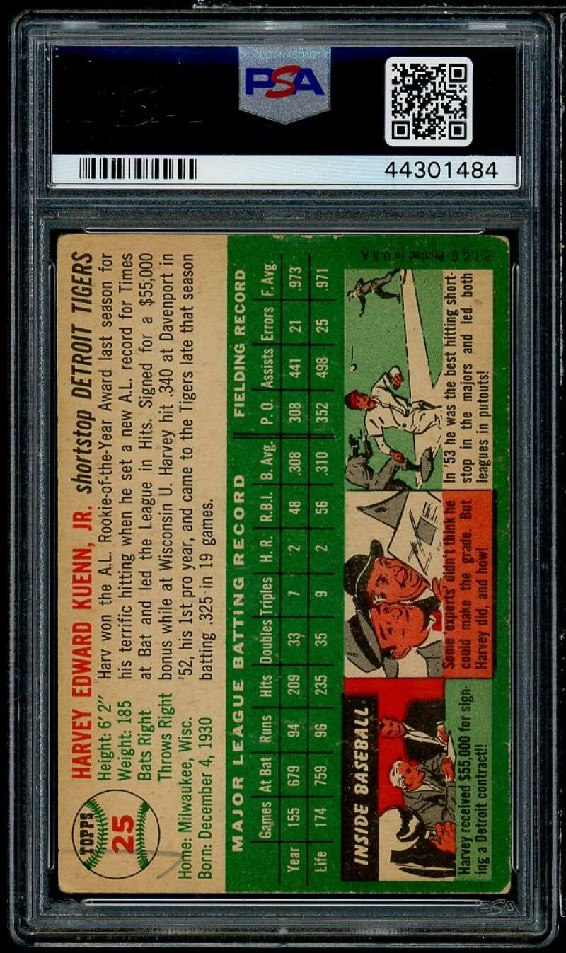 Harvey Kuenn Card 1954 Topps #25 PSA 3 mk Image 2