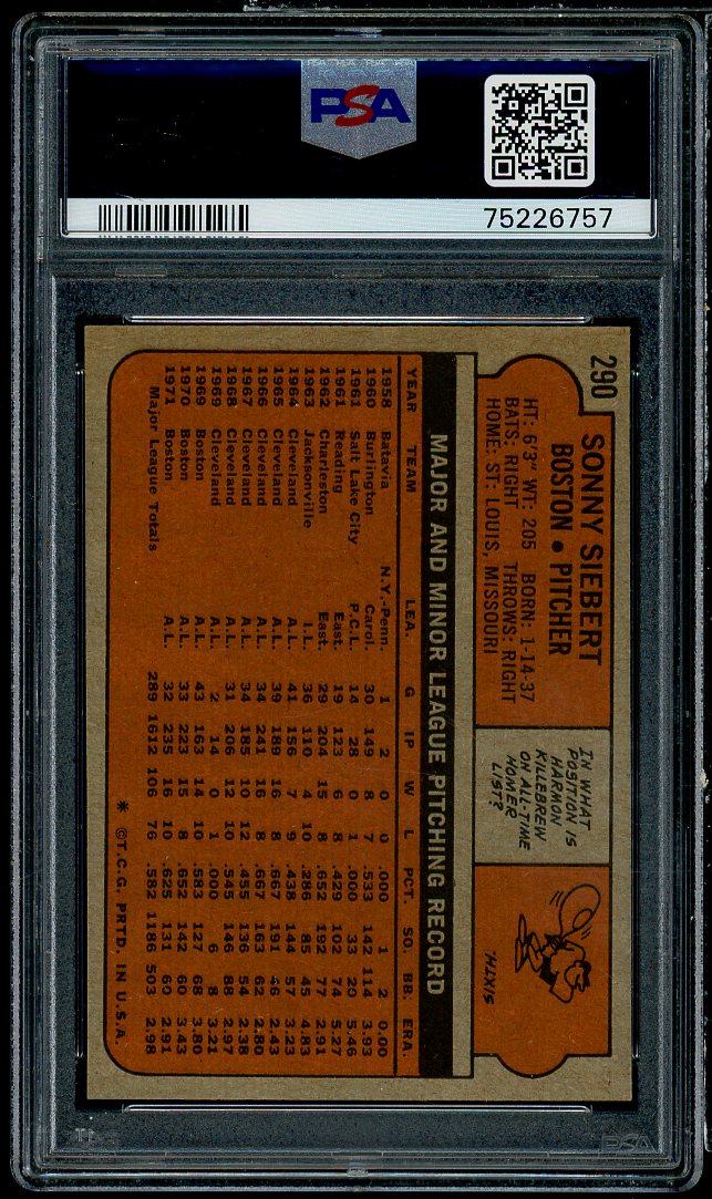 Sonny Siebert Card 1972 Topps #290 PSA 8 Image 2